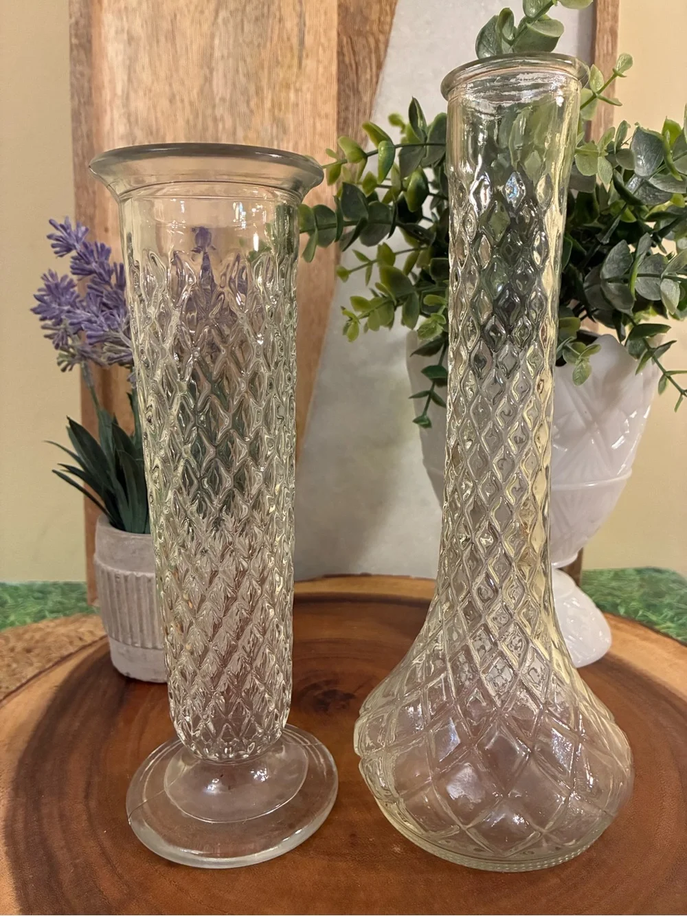 Clear Diamond-Texture Glass Bud Vases - Set of 2